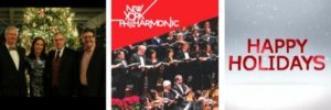 three images with Joe Campolo at Holiday party, ad for New York Philharmonic, and Happy Holidays image