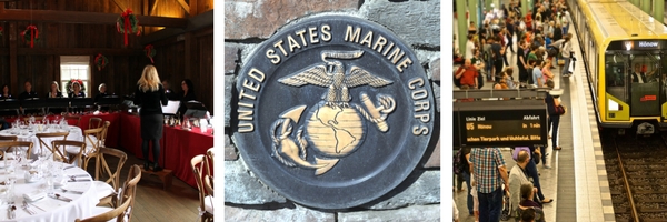 three images consisting of restaurant, US Marine Corps plaque, and train arriving with crowded platform