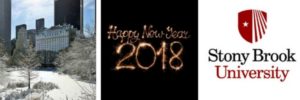 three images of New York Plaza Hotel, sparkling Happy New Year 2018, and Stony brook University logo