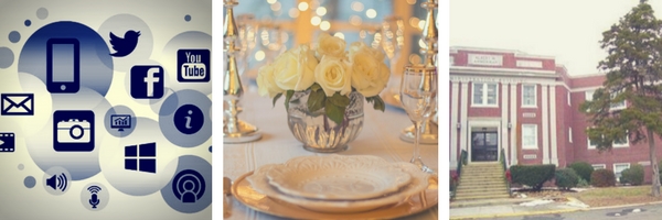 three images consisting of varying social media logos in bubbles, fancy china set laid out with flower center piece, and Suffolk County Community College Administration building