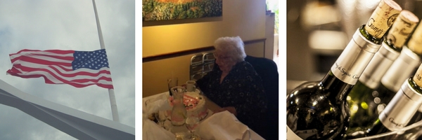 three images consisting of American flag at half mast, Joe Campolo's grandmother with birthday cake, and wine bottle stems with exposed corks